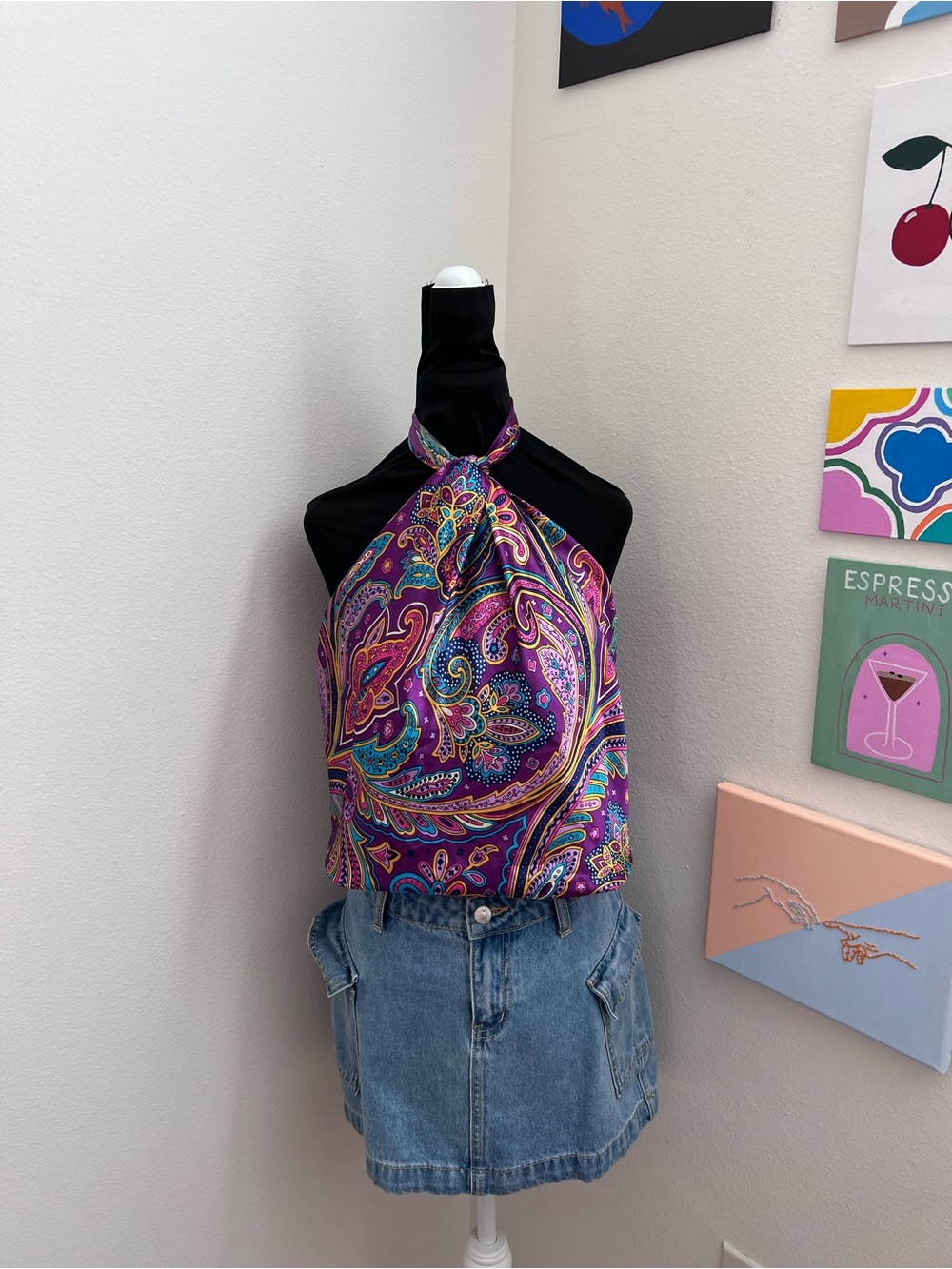 Y2K MOSI Purple Paisley Satin Scarf – Colorful Boho Square Scarf